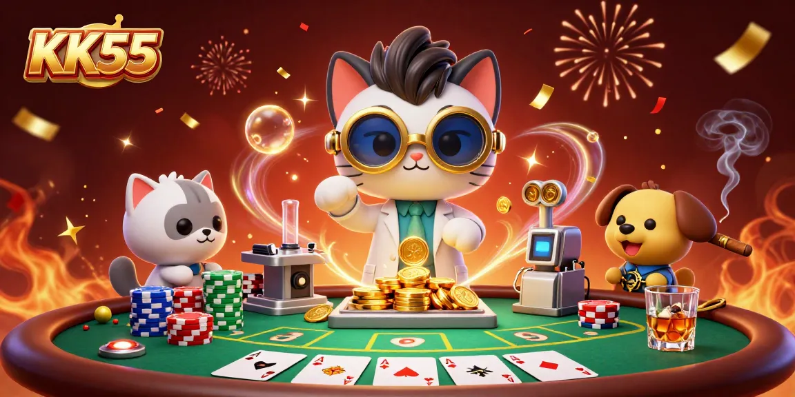 Experience thrilling gameplay at KK55 with a mad scientist cat and poker elements in an exciting casino scene.