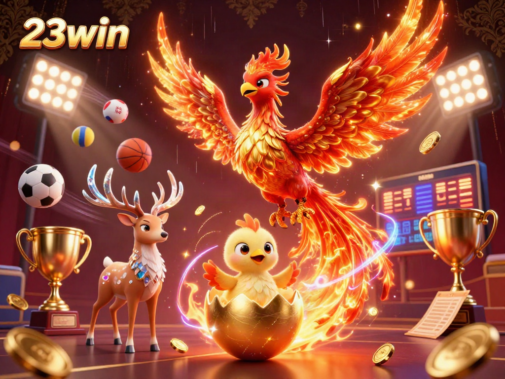 Engage with 23win's thrilling casino experience, featuring a 3D phoenix and dynamic sports elements.