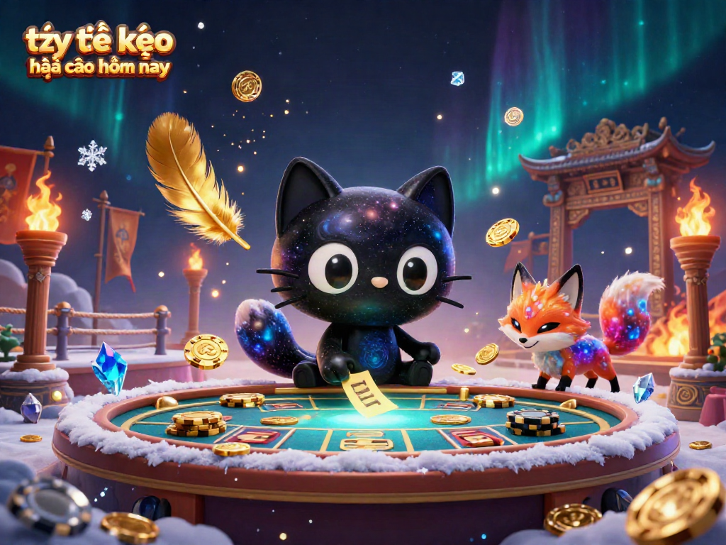 Engaging visual showcasing tỷ lệ kèo nhà cái hôm nay with a black hole cat and nebula fox in a cosmic betting scene.