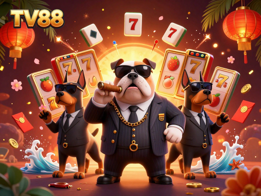 TV88 players enjoying thrilling slots with mafia boss and Doberman bodyguards in a vibrant casino