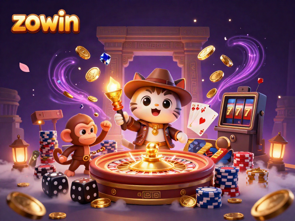 Engage with Zowin as a thrilling cat explorer discovers casino treasures in a vibrant scene.
