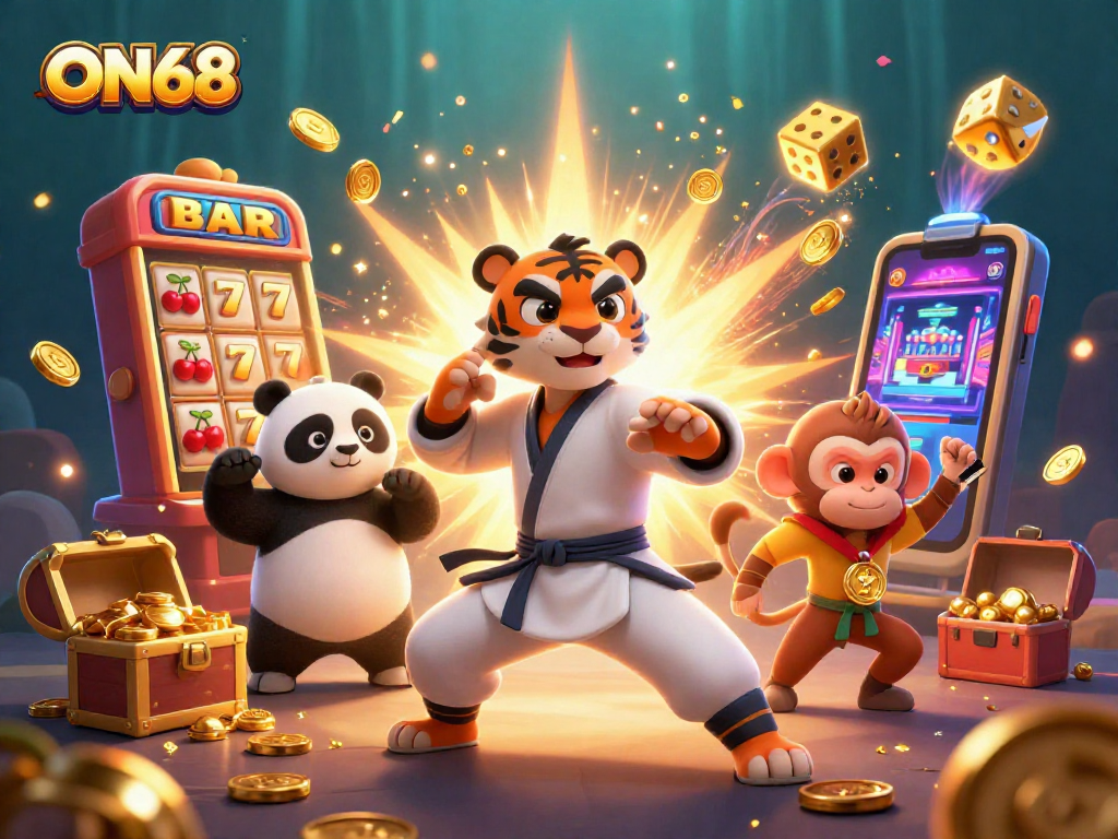Experience the exciting world of ON68 with a thrilling 3D casino scene featuring a kung fu tiger, panda disciple, and monkey, amidst slot machines and vibrant game elements.