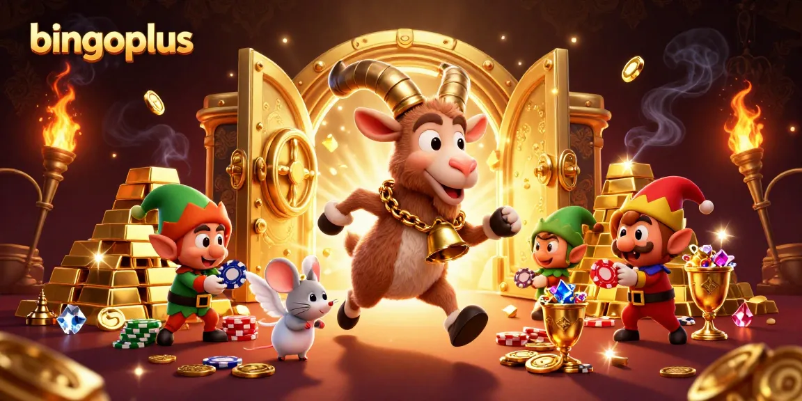 bingoplus presents a lively scene of a festive casino led by a Krampus goat against a vibrant backdrop.