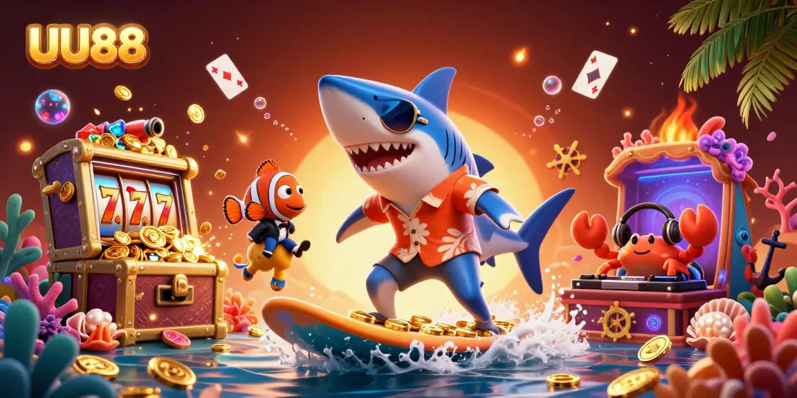 Experience the thrilling world of UU88 with cartoon characters amid gold coins and slot machines.
