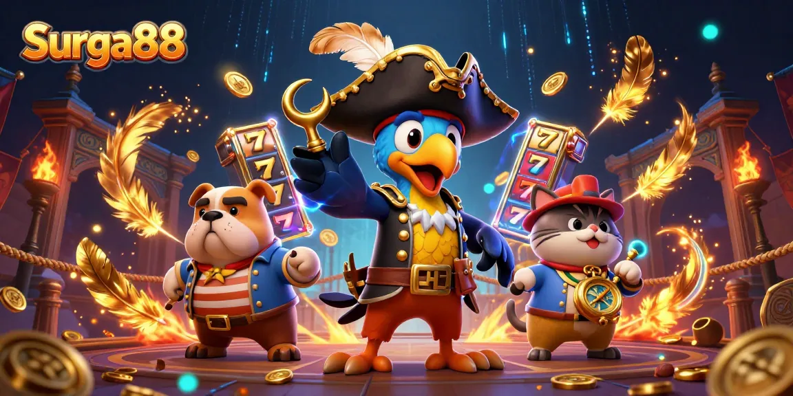 Experience the thrill of Surga88 with vibrant characters and dynamic casino elements in action.