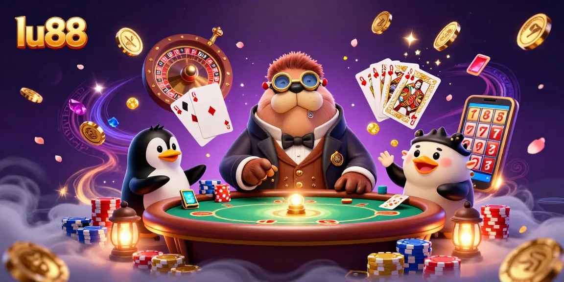 Engage in winning strategies at lu88 with a walrus and dealer in vivid casino action.