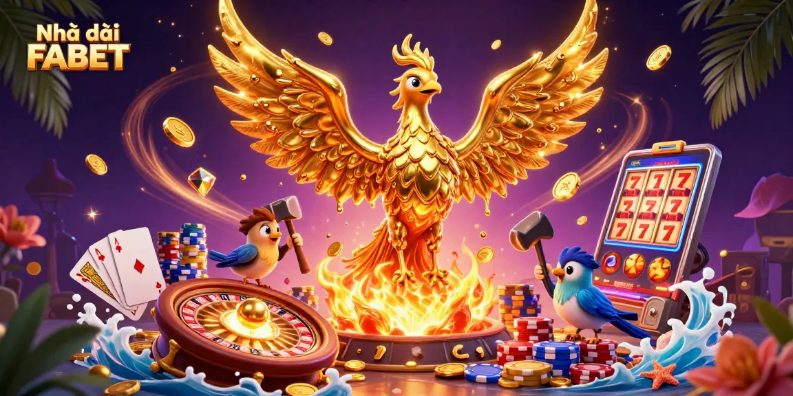 Play thrilling games and score big with Nhà cái FABET, featuring a striking golden phoenix and casino action.