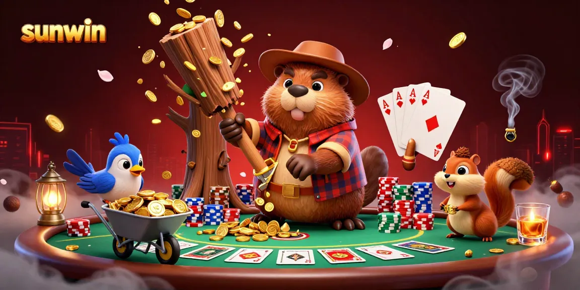 sunwin features a beaver, bird, and squirrel enjoying a vibrant casino scene with golden coins and poker elements