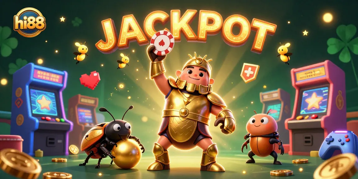 Join hi88’s thrilling experience with the victorious beetle lifting a poker chip in a vibrant casino scene.