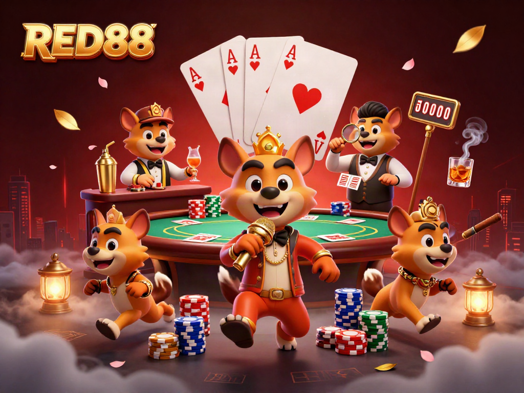 Watch RED88 hyenas entertain in the vibrant comedy casino scene packed with poker elements and excitement.