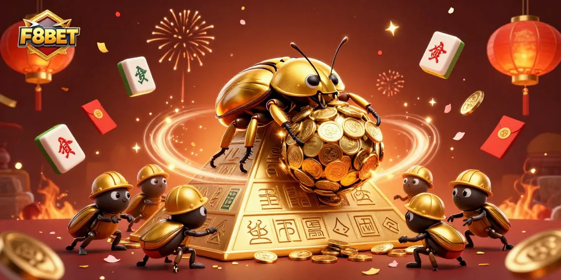 Experience F8BET's vibrant casino atmosphere with a golden beetle and festive elements.