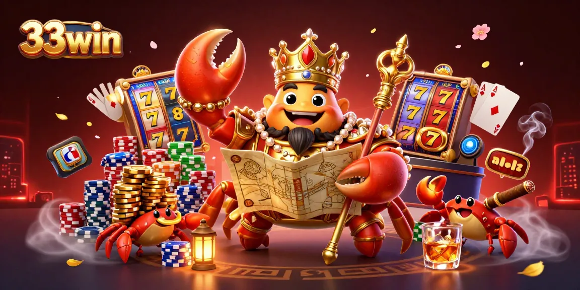 Engage with exciting 33win casino action showcasing a royal crab emperor amidst vibrant slot reels and poker chips.