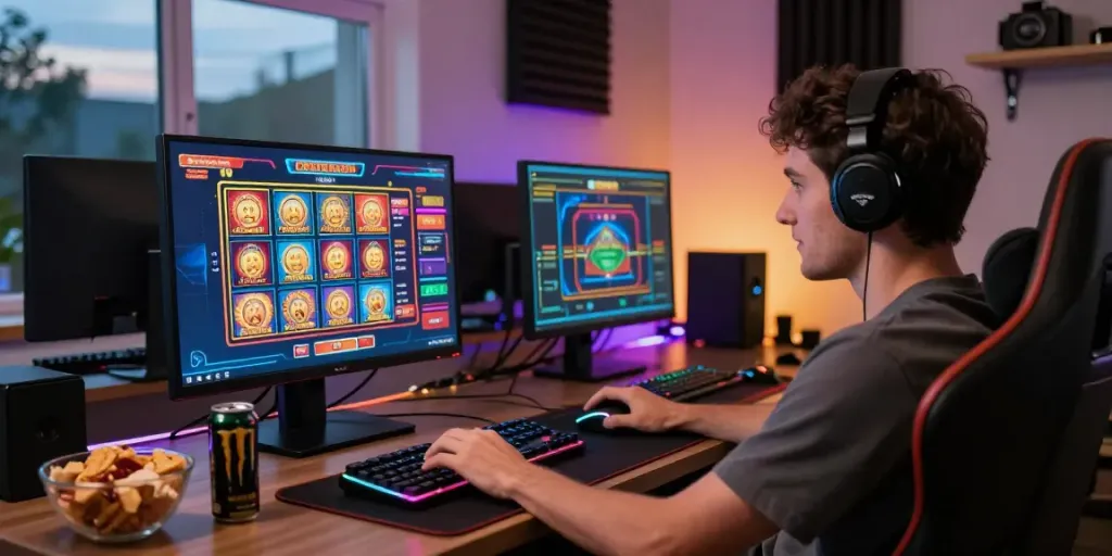 Experience the thrill of the best credit card casinos with an avid gamer engaged at their modern setup.