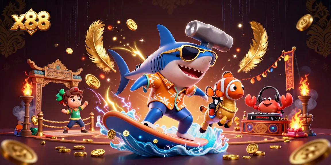 Catch big wins at x88 with vibrant 3D casino characters surfing on golden coins!
