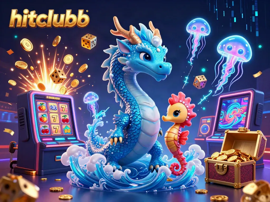 Engage in thrilling gameplay at hitclubb amidst a vibrant casino scene with dynamic slot machines and magical sea creatures.