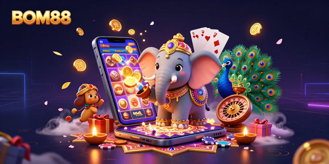 BOM88 offers an immersive gaming experience with a vibrant scene of colorful slot games, a peacock, and a Diwali-themed elephant.