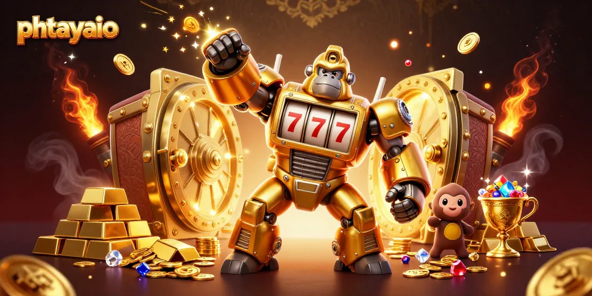 Experience thrilling gameplay at phtayaio with a vibrant 3D casino illustration of a golden gorilla mech and treasures.