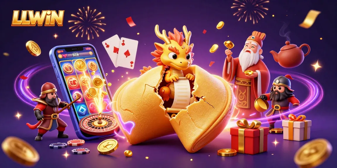 Engage with LLWIN's vibrant gaming experience featuring a golden fortune cookie, wise dragon, and dynamic casino elements.