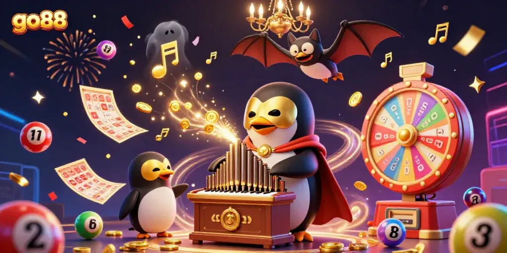 Experience thrilling gaming action at go88 with a dynamic scene featuring a penguin and bat celebrating wins.