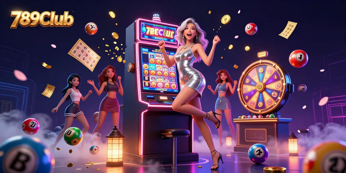 Celebrate big wins at 789Club with colorful slot machines and dynamic game elements in a vibrant casino setting.