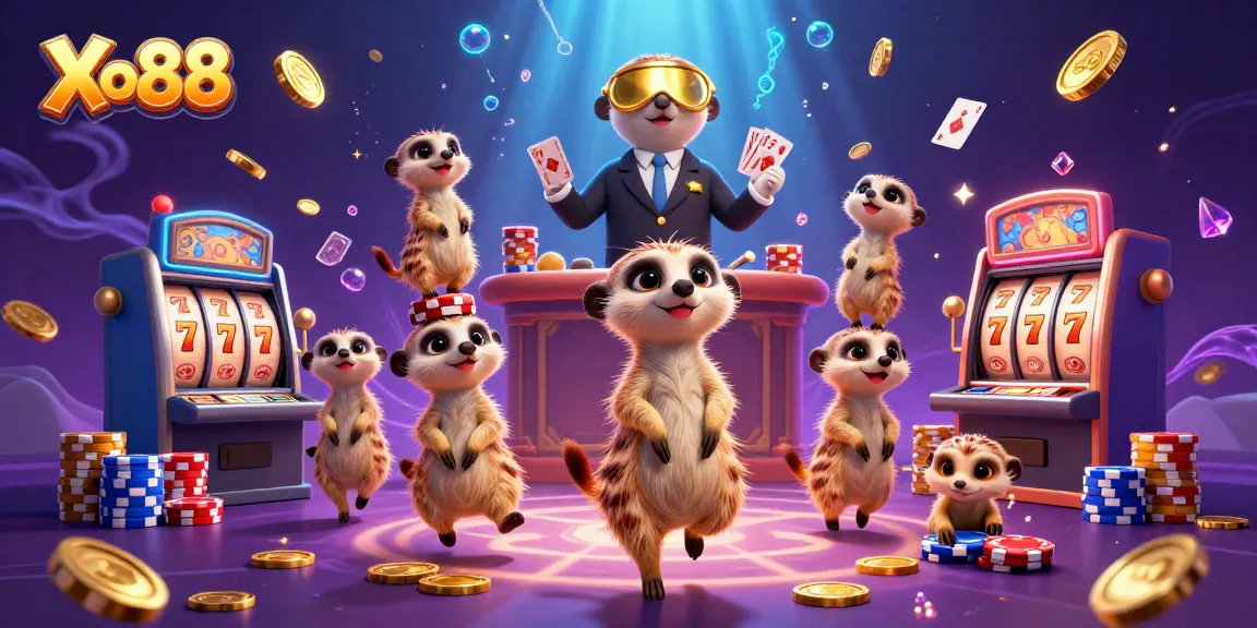 Xo88 showcases meerkats in a lively casino, blending fun gaming elements with excitement.