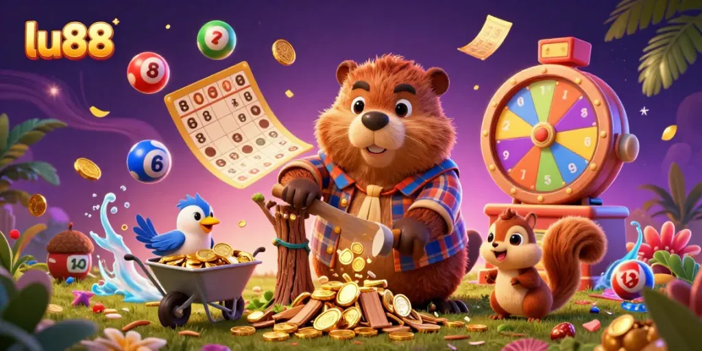 Experience exciting wins at lu88 with a vibrant 3D casino illustration featuring playful characters and dynamic gaming elements.