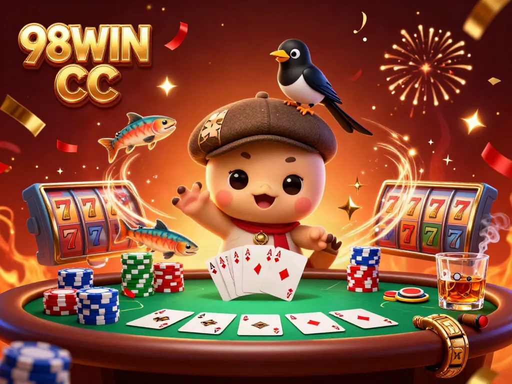 Experience thrilling wins at 98WIN CC with a vibrant casino illustration featuring fun characters and game elements.