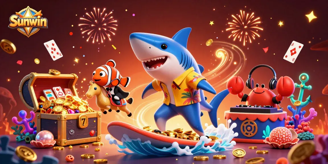 Join the thrilling wave of winnings with Sunwin, as vibrant 3D characters surf on gold coins in a dynamic casino scene.