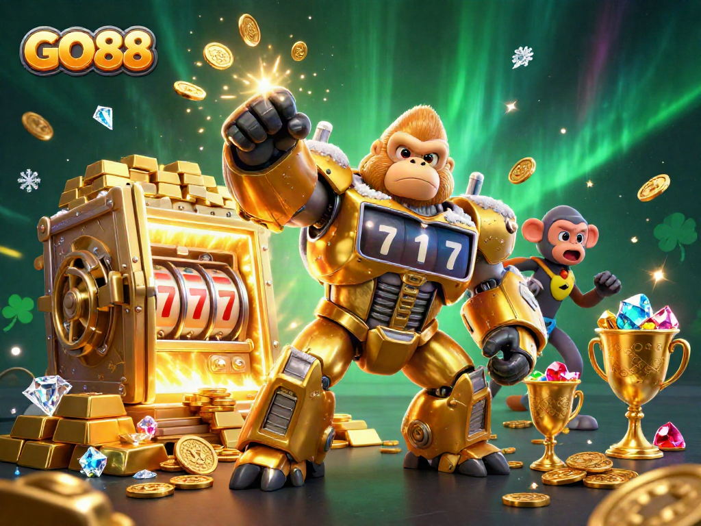 Experience GO88's excitement with a golden gorilla mech and treasures exploding around!