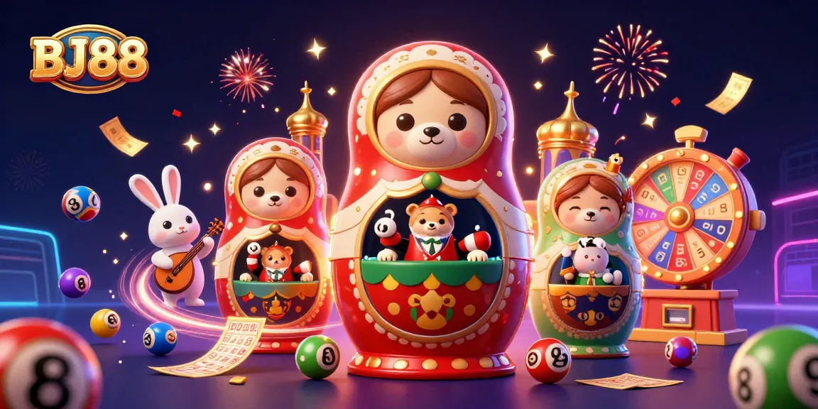 BJ88 gaming celebration with cartoon-themed casino characters, vibrant lottery elements engaging players.