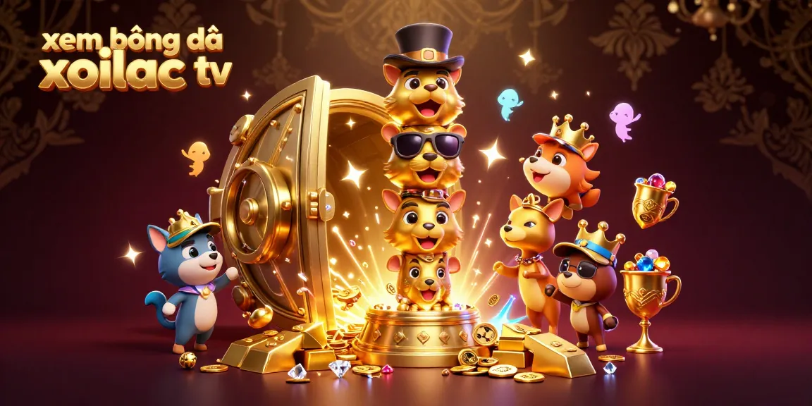 Experience xem bóng đá xoilac tv with vibrant 3D cartoon illustration of a lively casino theme filled with treasures.