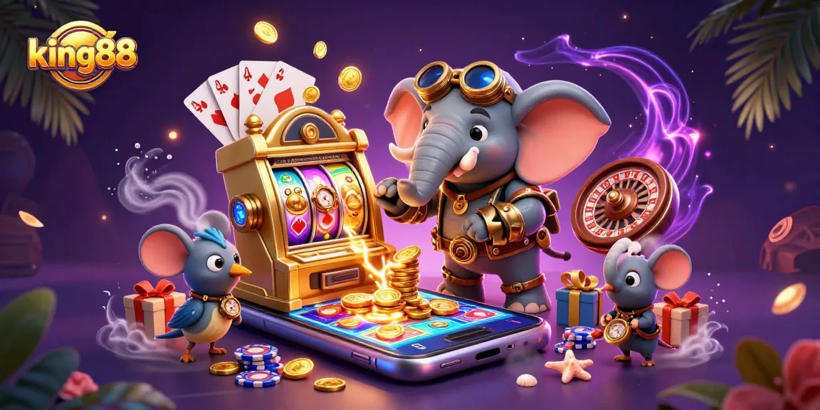 Experience the excitement of king88 with a vibrant steampunk scene featuring magical slot games and dynamic characters.