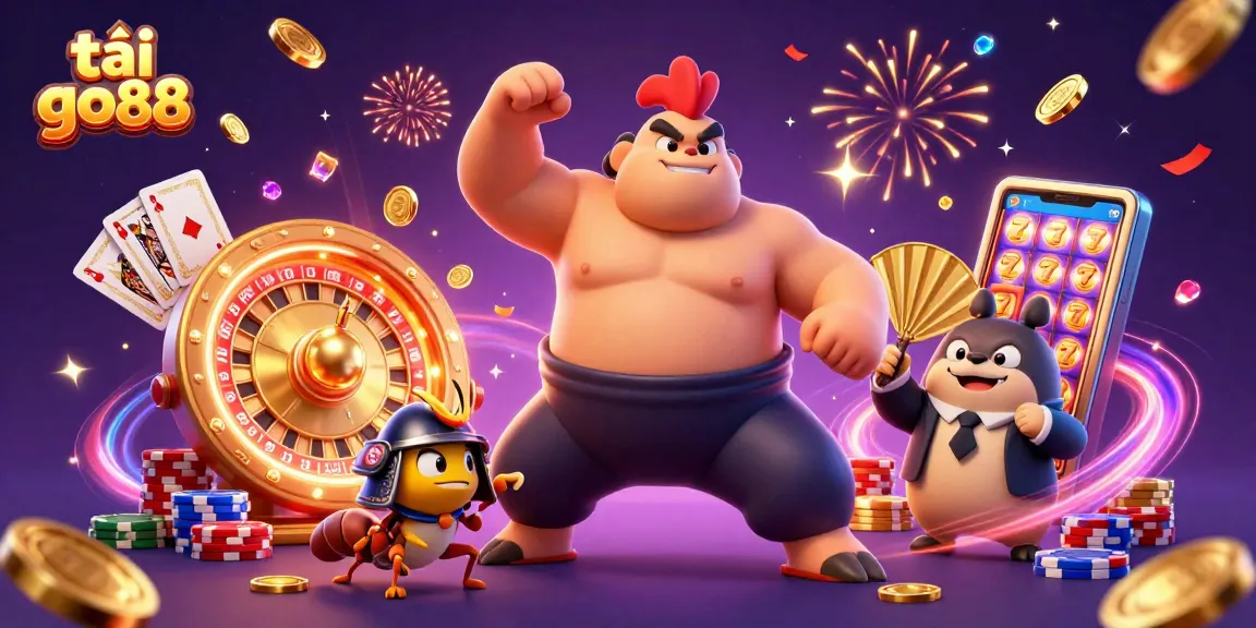 Join the excitement and tải go88 with a dynamic scene of a sumo wrestler, cricket, and announcer surrounded by casino elements.