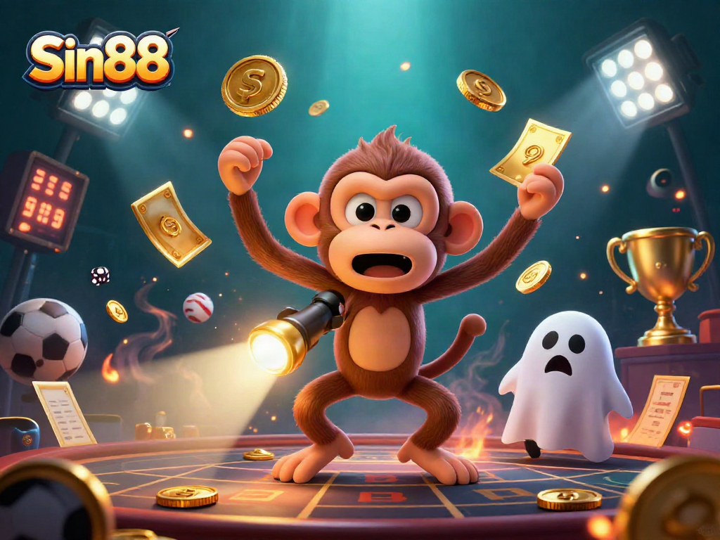 Engage in thrilling gameplay with Sin88's animated casino scene featuring sports and ghostly elements.