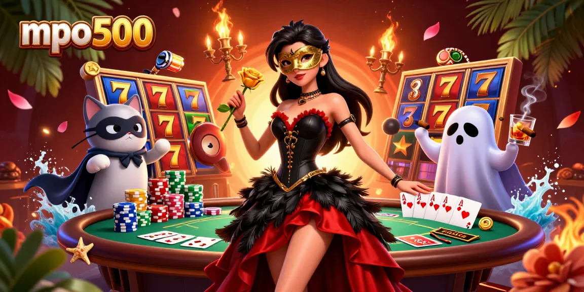 Experience thrilling wins at mpo500 with a mesmerizing illustration of a casino scene featuring jackpot slots and poker excitement.