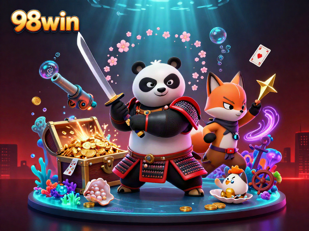 Engage with 98win's vibrant gaming world through a dynamic 3D illustration showcasing samurai panda and ninja fox amidst treasure-filled adventures.
