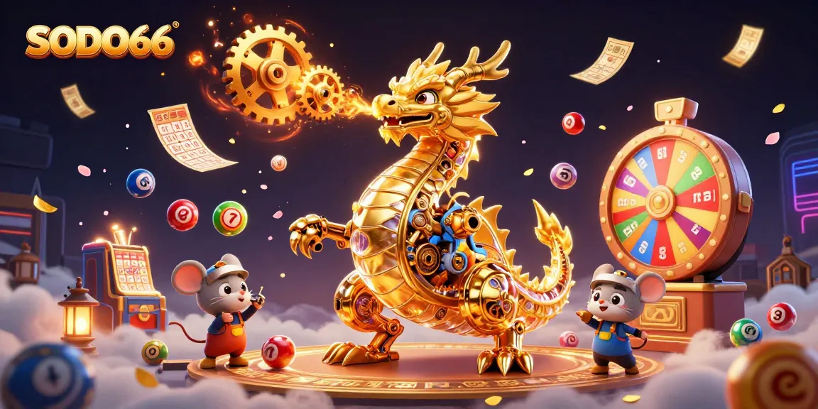 SODO66 showcases a mesmerizing 3D scene featuring a biomechanical dragon amidst vibrant gambling elements, including lottery balls and bingo cards.