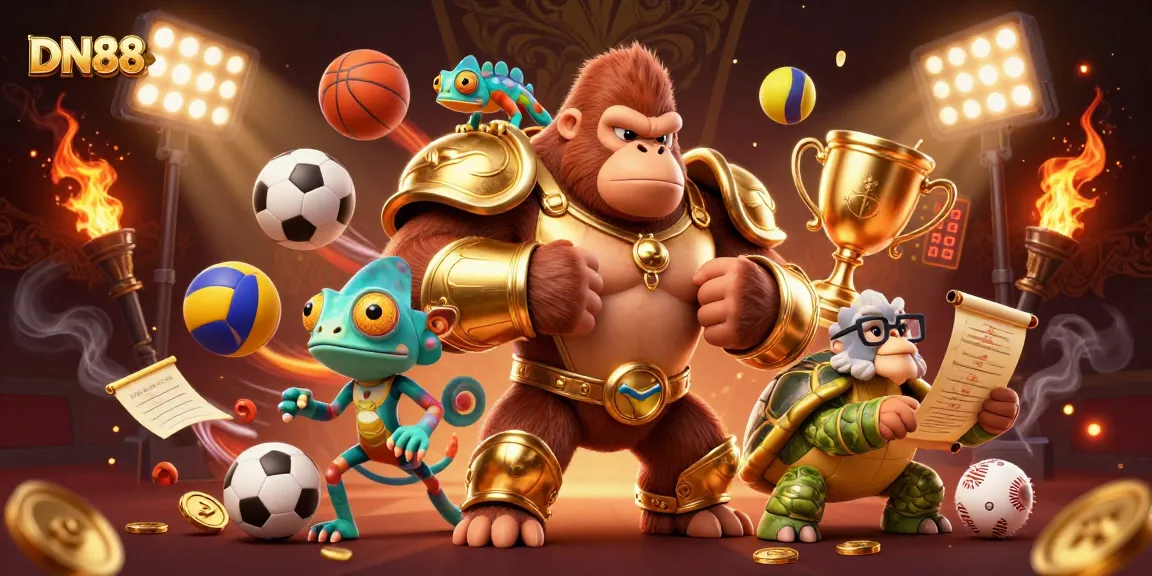 Win at DN88 with an engaging casino scene featuring a powerful gorilla and exciting game elements.