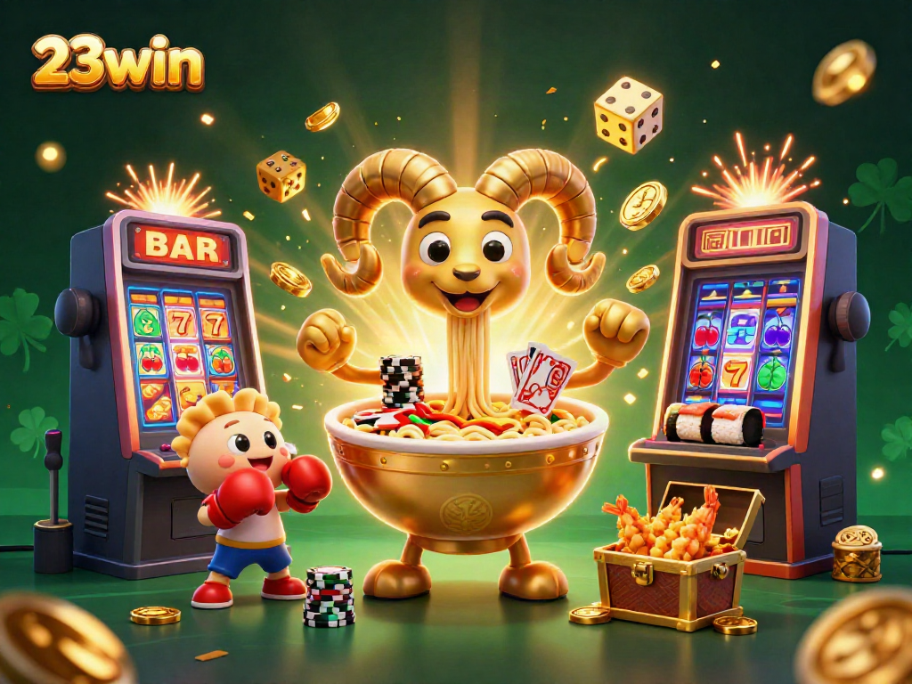 Experience the excitement of 23win with a vibrant, dynamic casino scene featuring animated characters and jackpot elements.