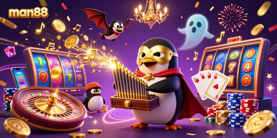 man88 brings luck with golden coins and a vibrant casino atmosphere in this colorful illustration.