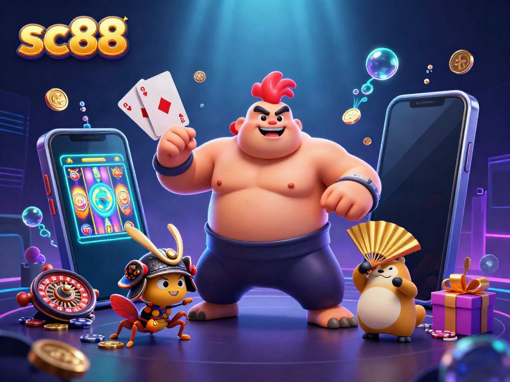Engage with sc88's dynamic gaming atmosphere featuring a vibrant sumo rooster and samurai cricket.