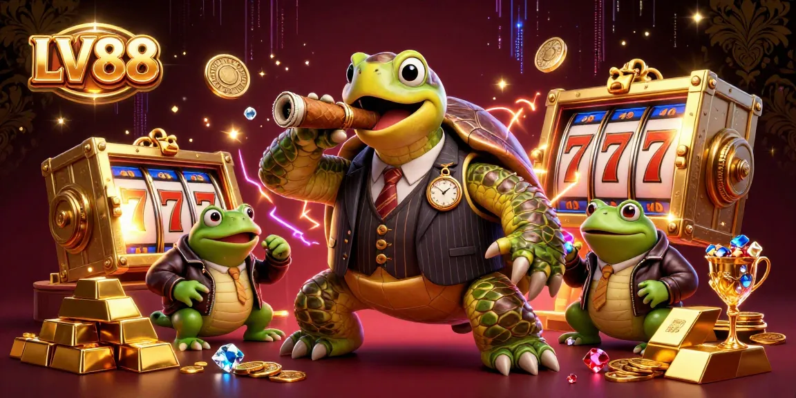 Experience the thrilling atmosphere of LV88 casino with a turtle in a mobster suit and dynamic gaming elements.