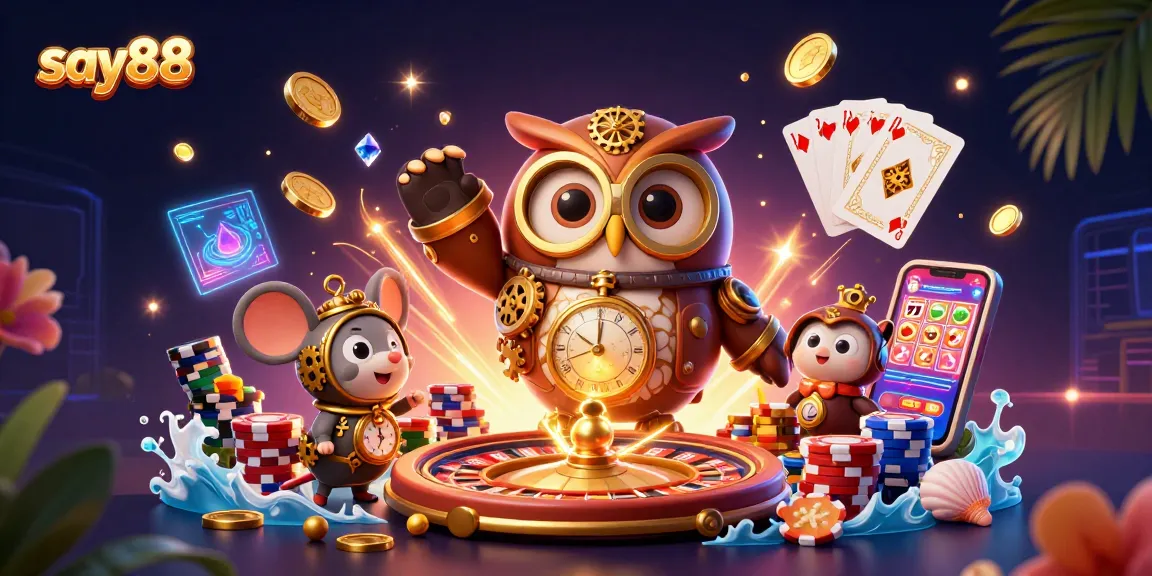 Join the action at say88 with futuristic casino elements and a charming owl in steampunk gear.