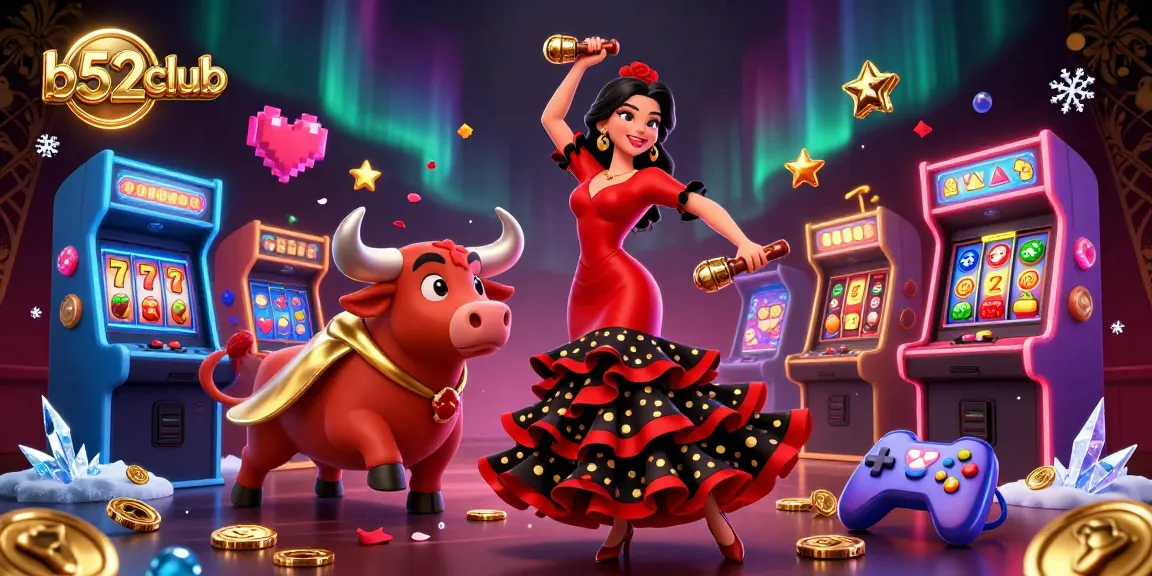 Bets and wins flourish at b52club in this vibrant 3D illustration featuring a dancing lady and a cartoon bull.