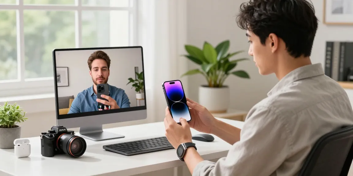Engaging young professional using the iPhone 17 in a modern home office environment, showcasing its vibrant display and innovative features.