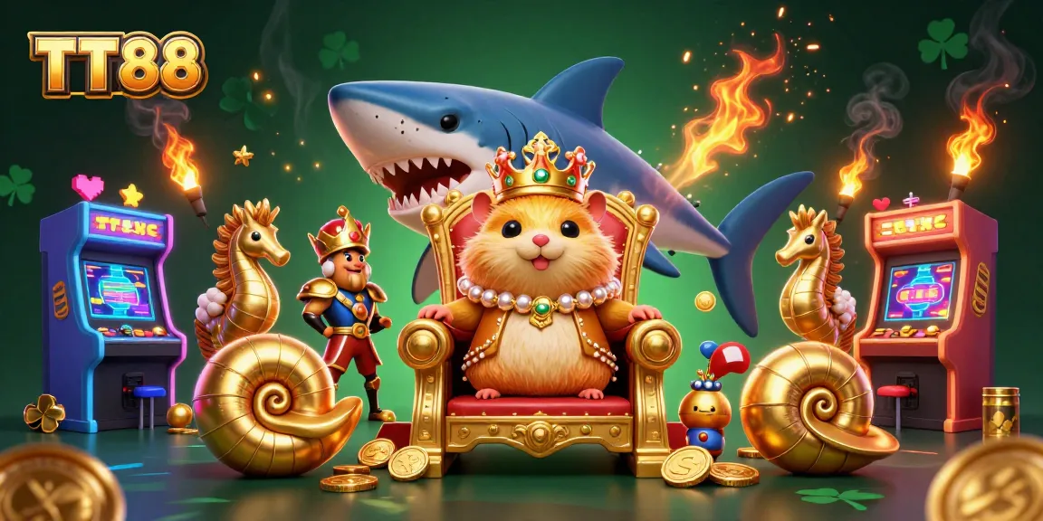 TT88 showcases a hamster king and seahorse guards in a dynamic casino arcade scene.