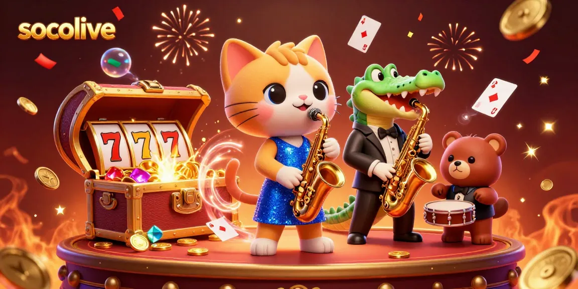 Socolive brings excitement with a vibrant scene of a jazzy cat, crocodile, and bear in a casino atmosphere.
