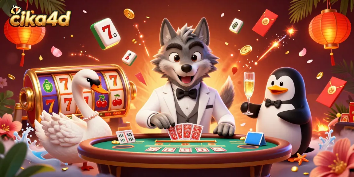 Experience thrilling gameplay with CIKA4D as a debonair wolf enjoys baccarat surrounded by glamorous casino elements.