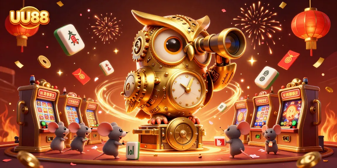 UU88 golden owl scanning a vibrant casino scene filled with festive elements.