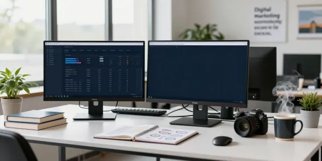 Content strategist analyzing instant indexing data in a modern office.